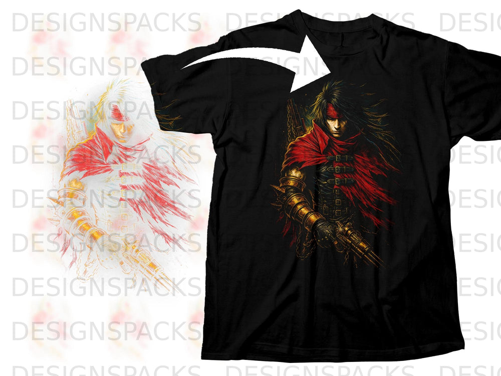 Black t-shirt featuring a close-up of a sword-wielding man in a red cloak.