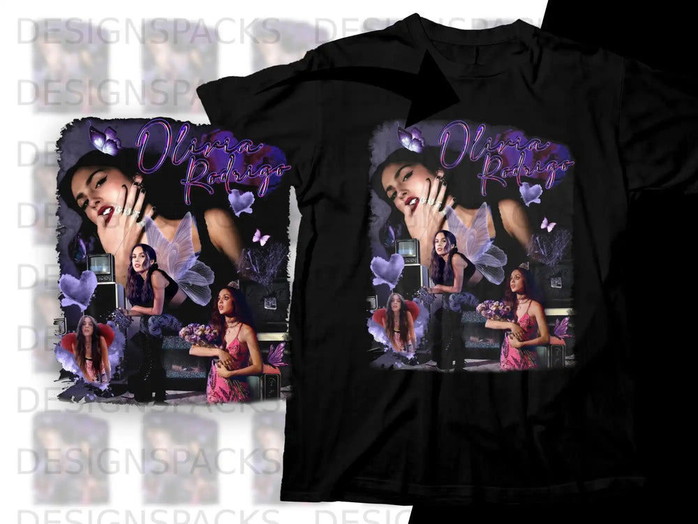 Olivia Rodrigo graphic t-shirt with purple butterfly accents.