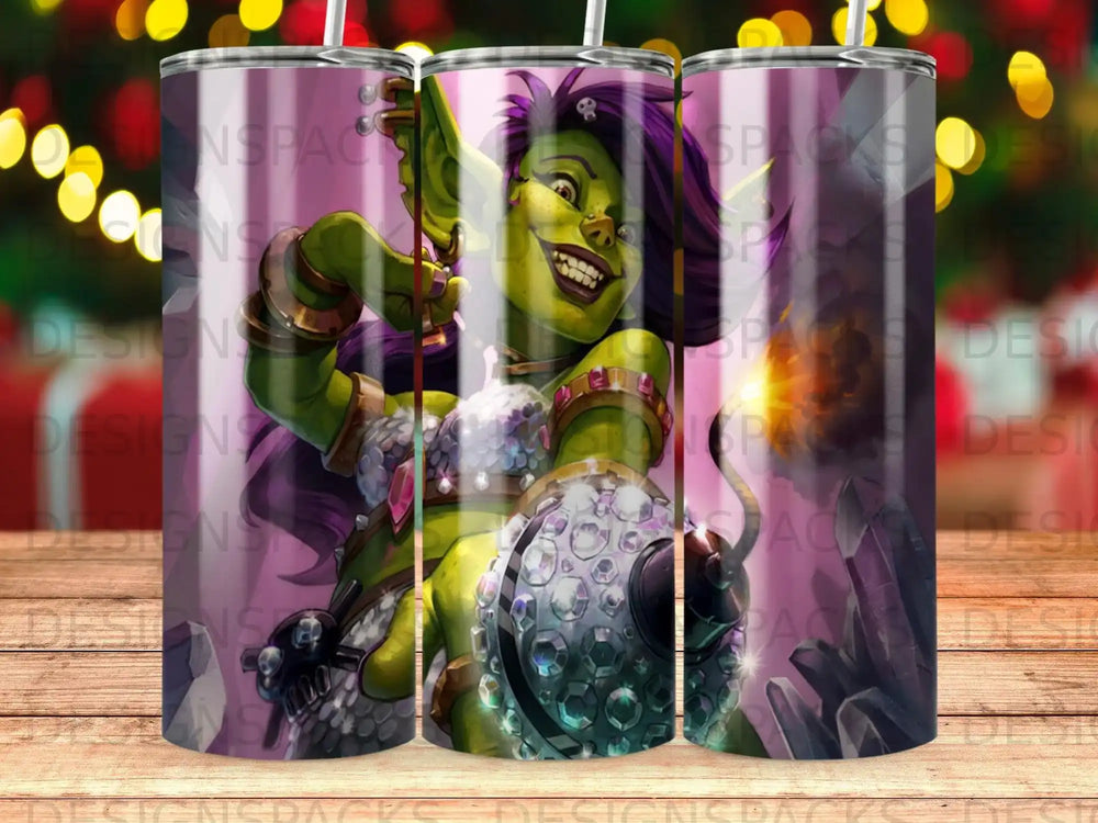 Green goblin character with spiky hair and shield on a patterned tumbler.