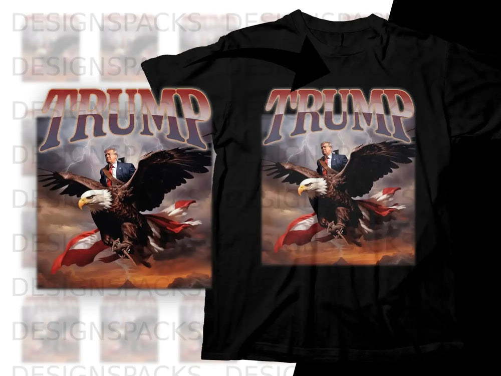 Donald Trump on eagle with American flag, dark background.