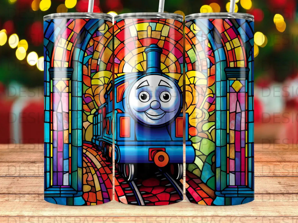 Blue cartoon train with stained glass design on a tumbler.