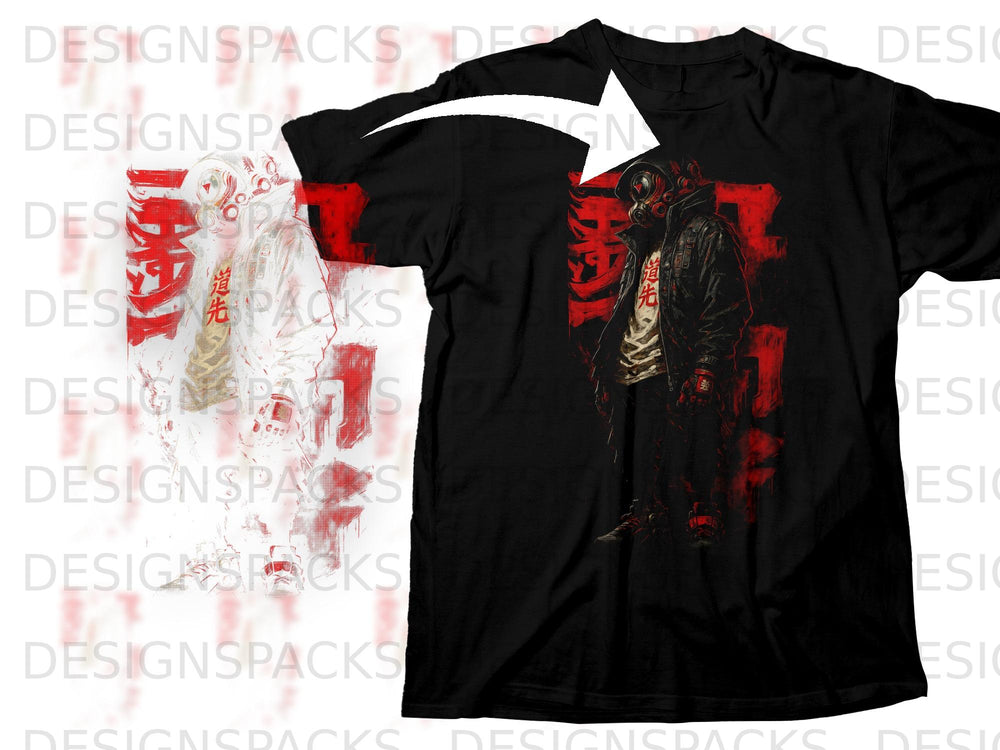 Black t-shirt with a red graphic of a cyberpunk character wearing a mask.