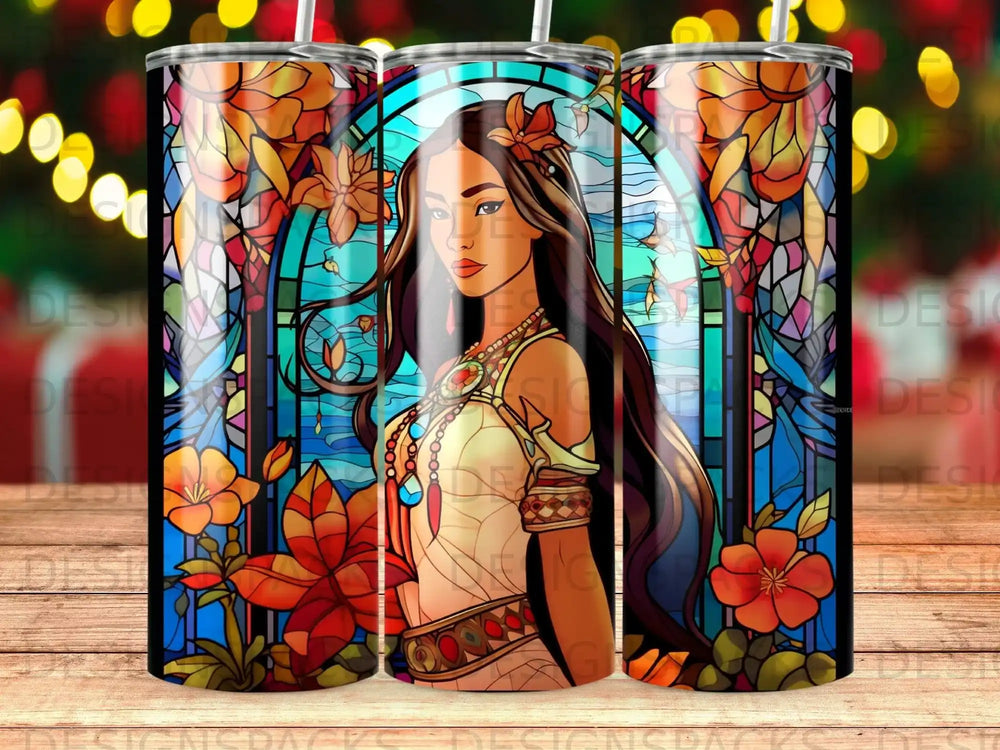 Woman with flowers and stained glass pattern on a tumbler.