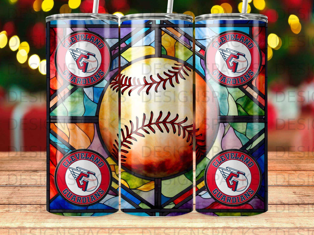 Cleveland Guardians baseball logo on stained glass tumbler with colorful lights background.