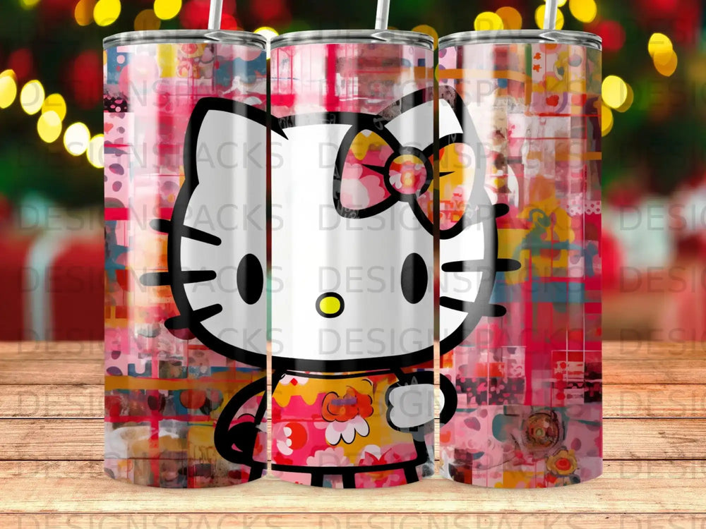 Hello Kitty on a colorful, abstract background with festive lights.