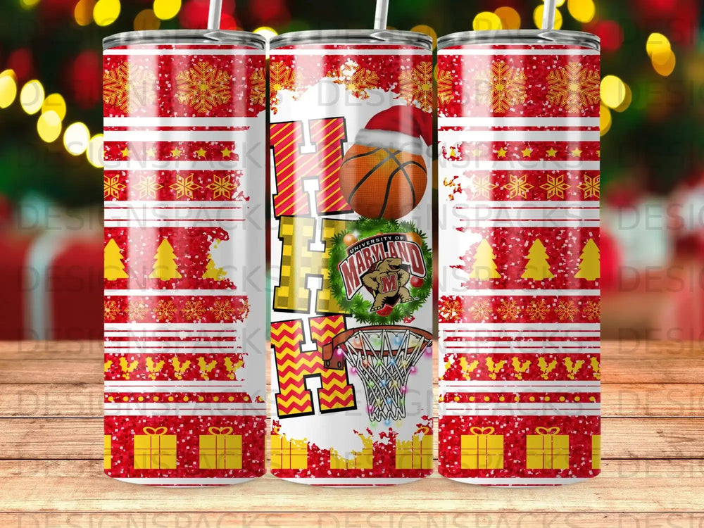 Red and gold tumbler with University of Maryland basketball theme and holiday pattern.