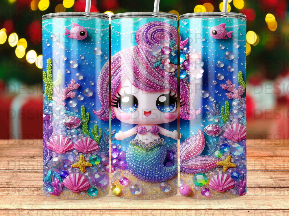Cartoon mermaid with pink hair and glittery tail on underwater background.
