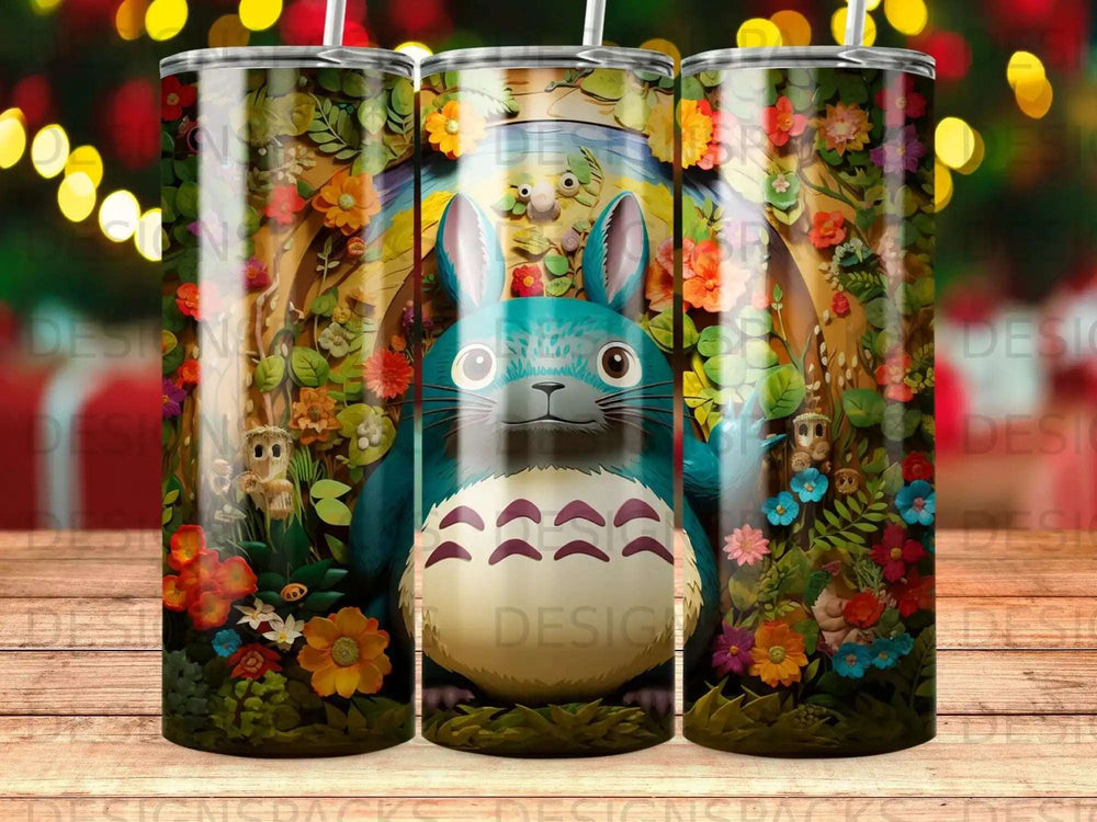 Totoro surrounded by colorful flowers and foliage in a whimsical forest.