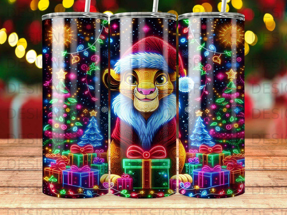 Lion King character wearing Santa hat surrounded by Christmas lights and presents.