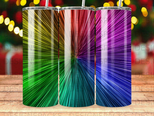 Three tumblers with colorful, abstract radial lines emanating from the center.