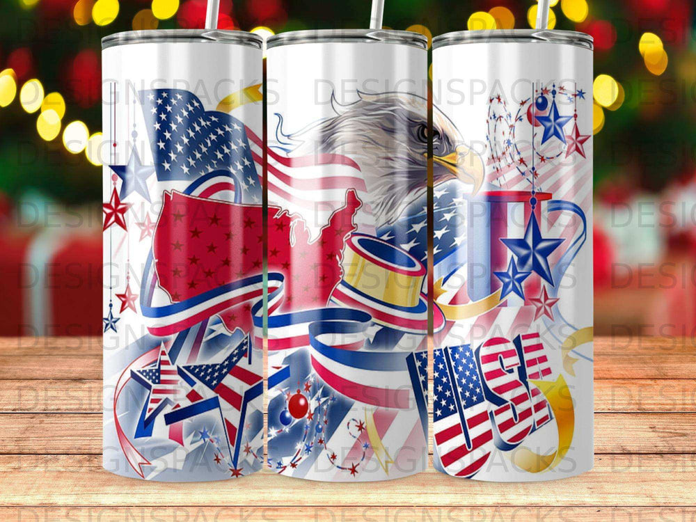 Red, white, and blue tumbler with eagle and USA map art.