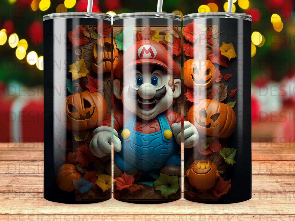 Mario character in overalls surrounded by pumpkins and autumn leaves.