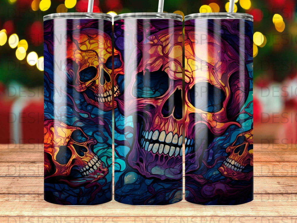Colorful skull pattern on a tumbler.