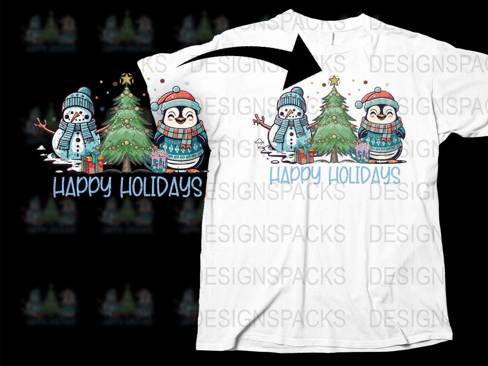 Happy Holidays Snowman T-Shirt, Festive Winter Tee, Christmas Tree and Gifts Design, Family Holiday Apparel