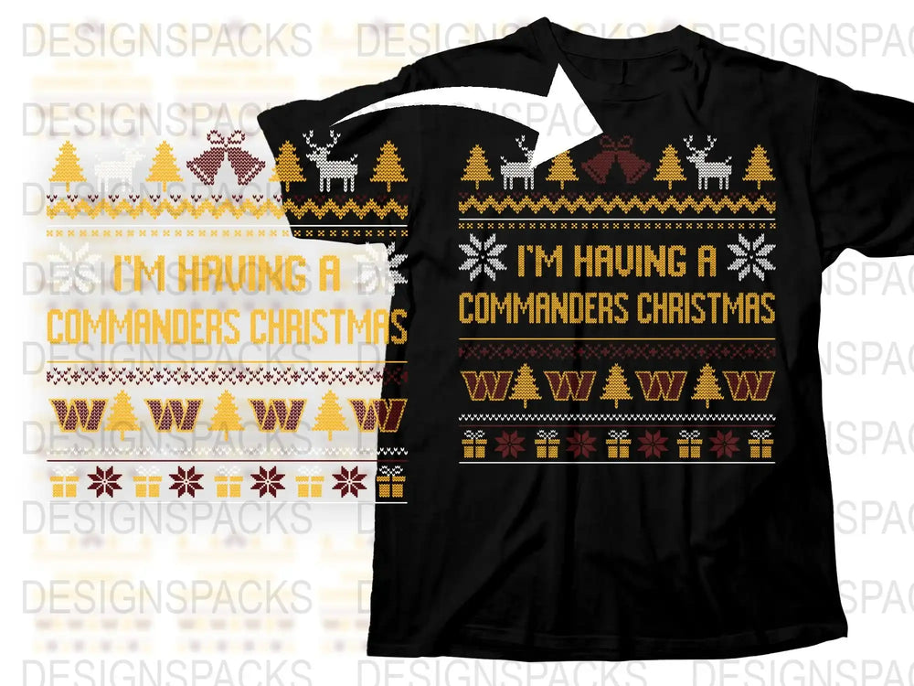Commanders Christmas Ugly Sweater T-Shirt, Festive Holiday Tee, Graphic Black and Gold Shirt, Winter Apparel Gift Idea