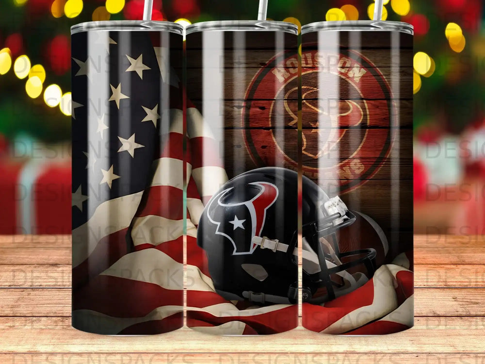 Houston Texans helmet and football on American flag background.