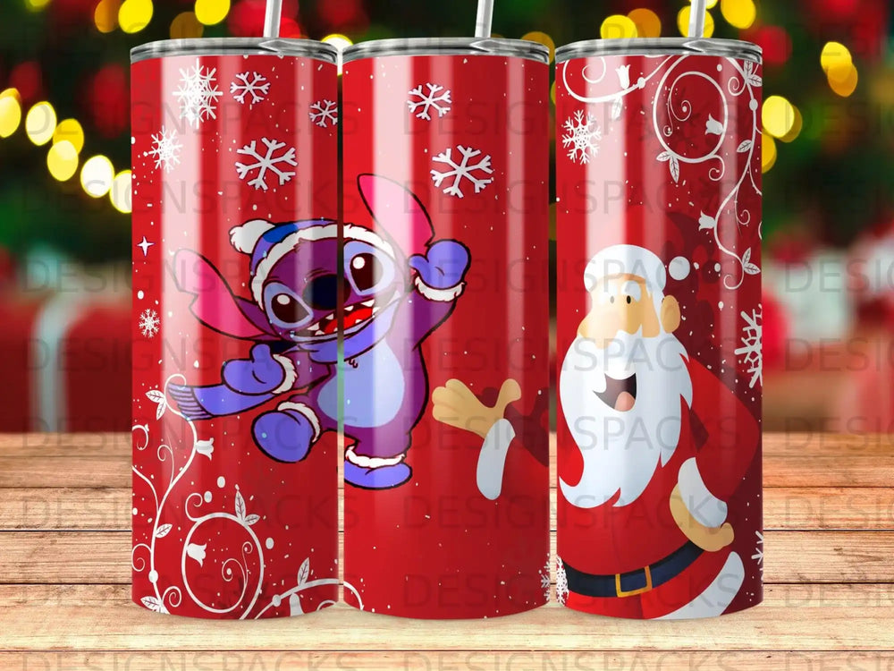 Red tumbler with Stitch and Santa Claus characters.