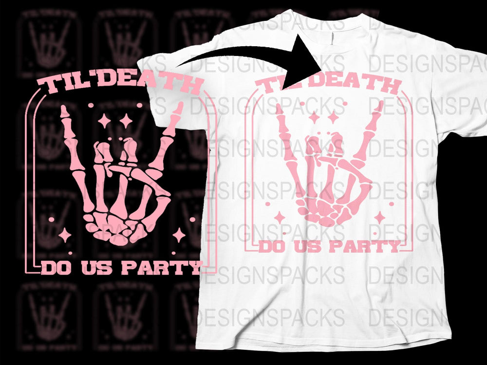 Skeleton Hands T-Shirt, 'Til Death Do Us Party', Pink Graphic Tee, Goth Apparel, Punk Rock Clothing, Unisex Fashion Shirt