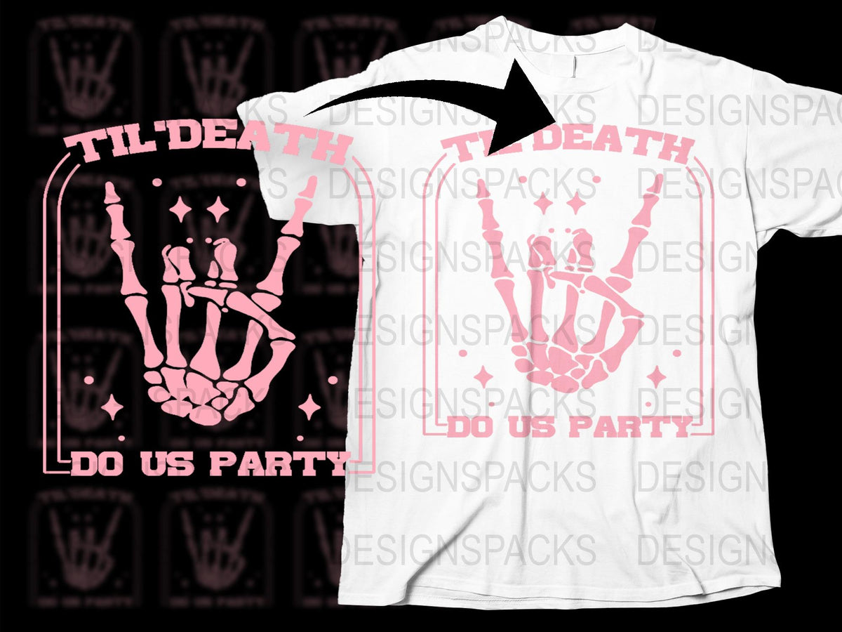 Skeleton Hands T-Shirt, 'Til Death Do Us Party', Pink Graphic Tee, Goth Apparel, Punk Rock Clothing, Unisex Fashion Shirt