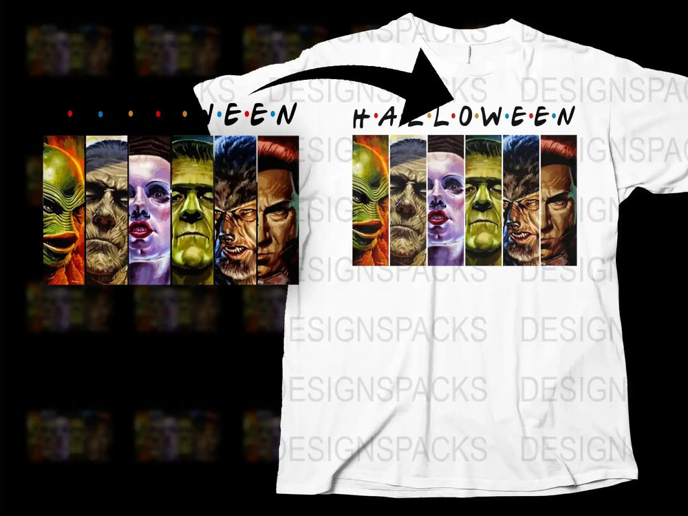 Men's Halloween T-Shirt Colorful Monster Faces Graphic Tee Unique Scary Party Costume Idea