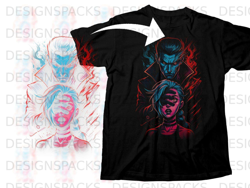 Black t-shirt featuring anime-style art of a man and woman with eyes covered.