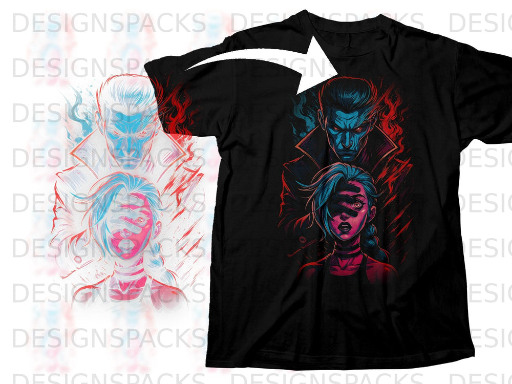 Black t-shirt featuring anime-style art of a man and woman with eyes covered.