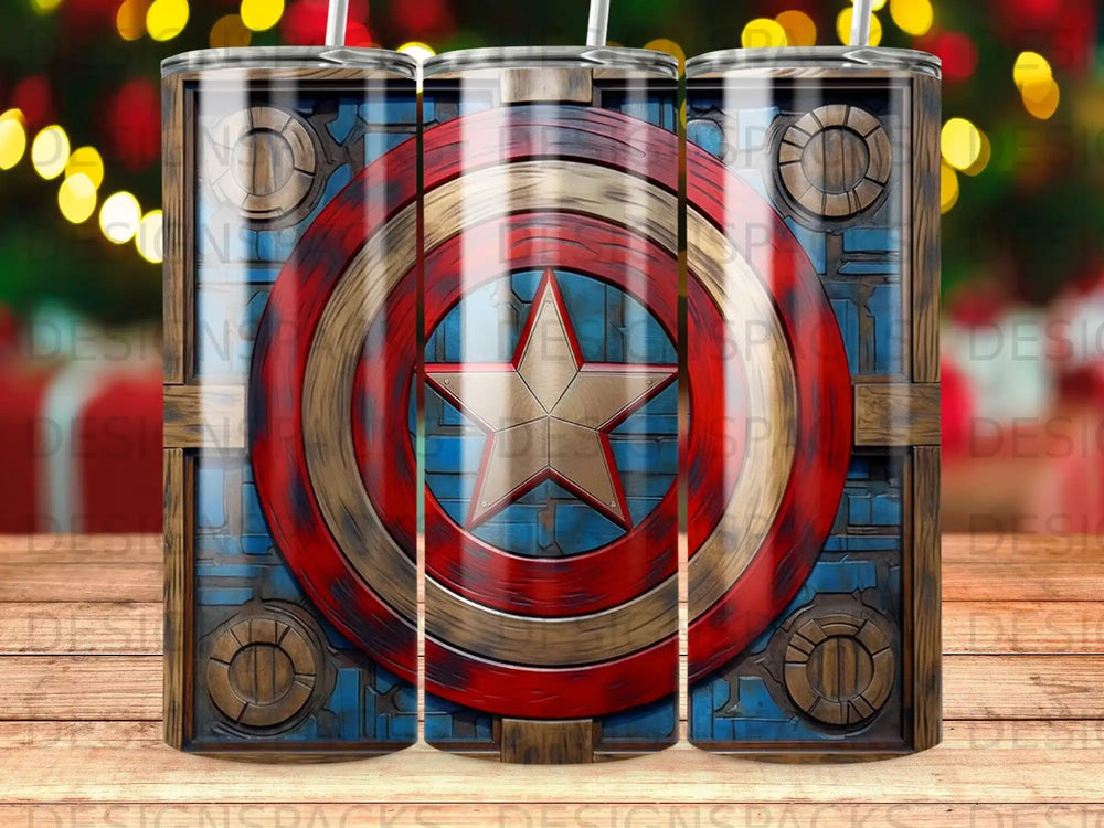 Captain America's shield design on a cylindrical tumbler with a straw.