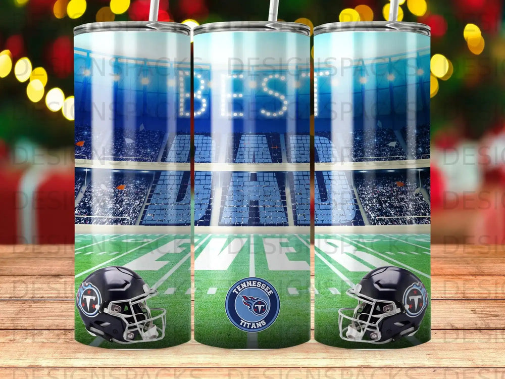 Tennessee Titans football helmet and stadium with "Titans" text.