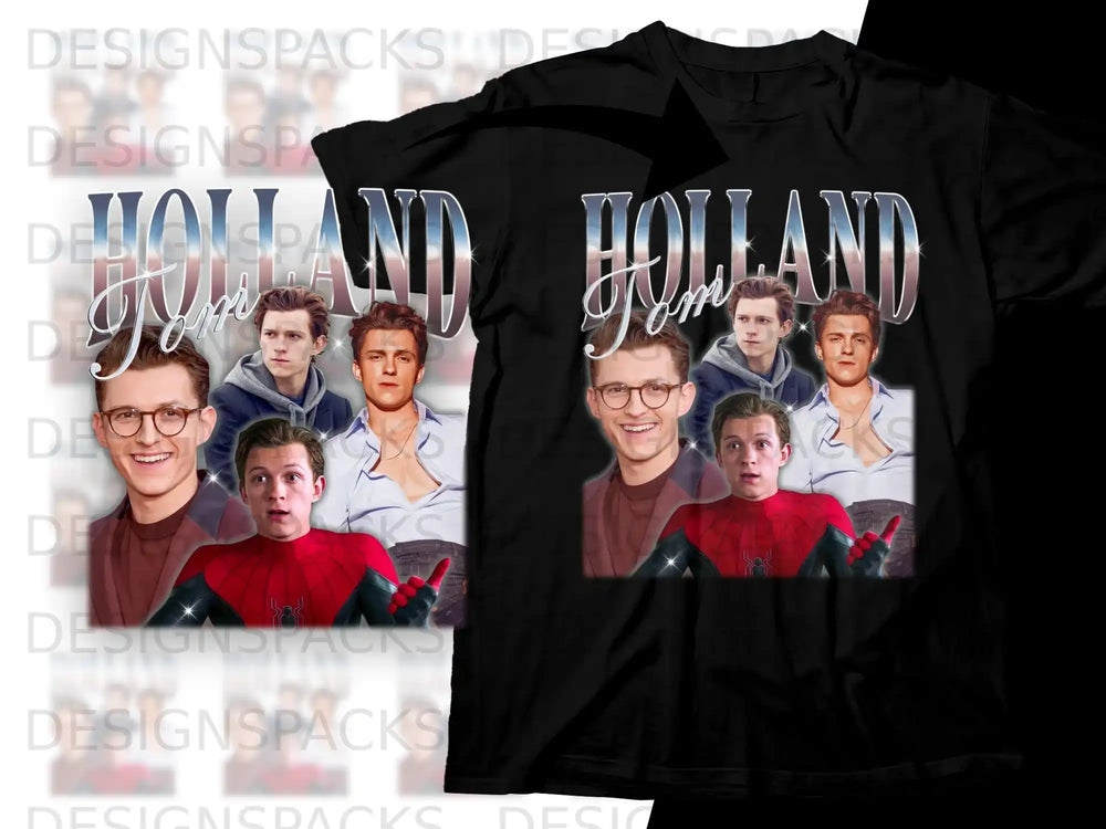 Tom Holland as Spider-Man on black t-shirt with "Holland" text.