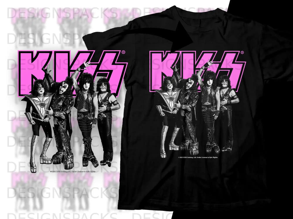 KISS band members in costume posing together on a black t-shirt.