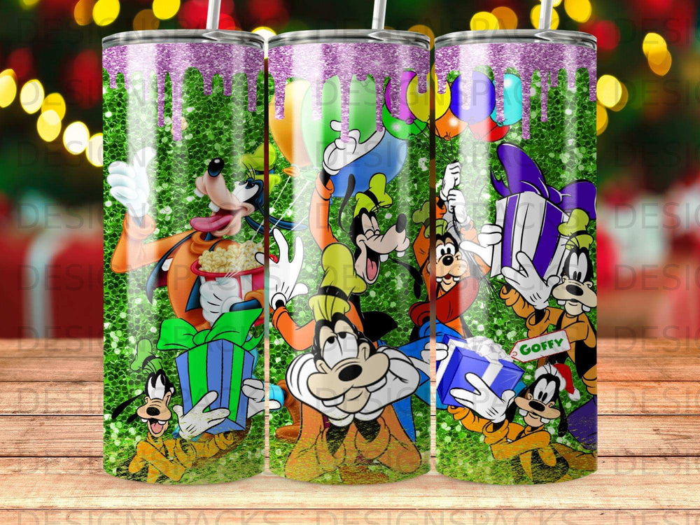 Goofy characters with gifts and balloons, glitter background.