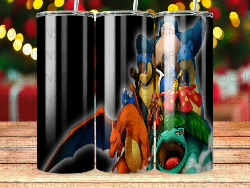 Pokemon characters Charizard, Blastoise, Venusaur, and Pikachu on black striped background.