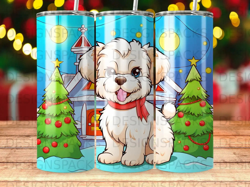 Cute fluffy dog in winter scene with Christmas trees and house.