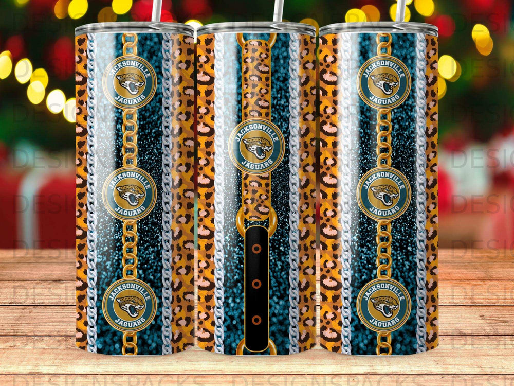 Jacksonville Jaguars tumbler with leopard print, gold chains, and black accents.