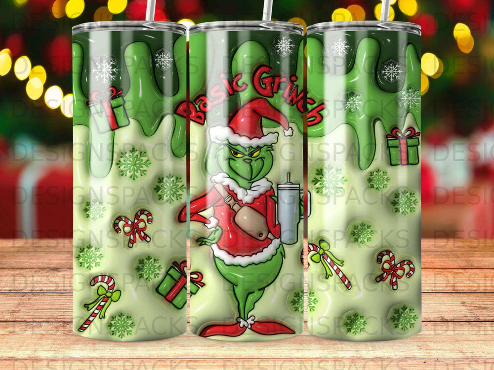 The Grinch in a Santa hat holds a candy cane and a travel mug with green icing and candy canes.