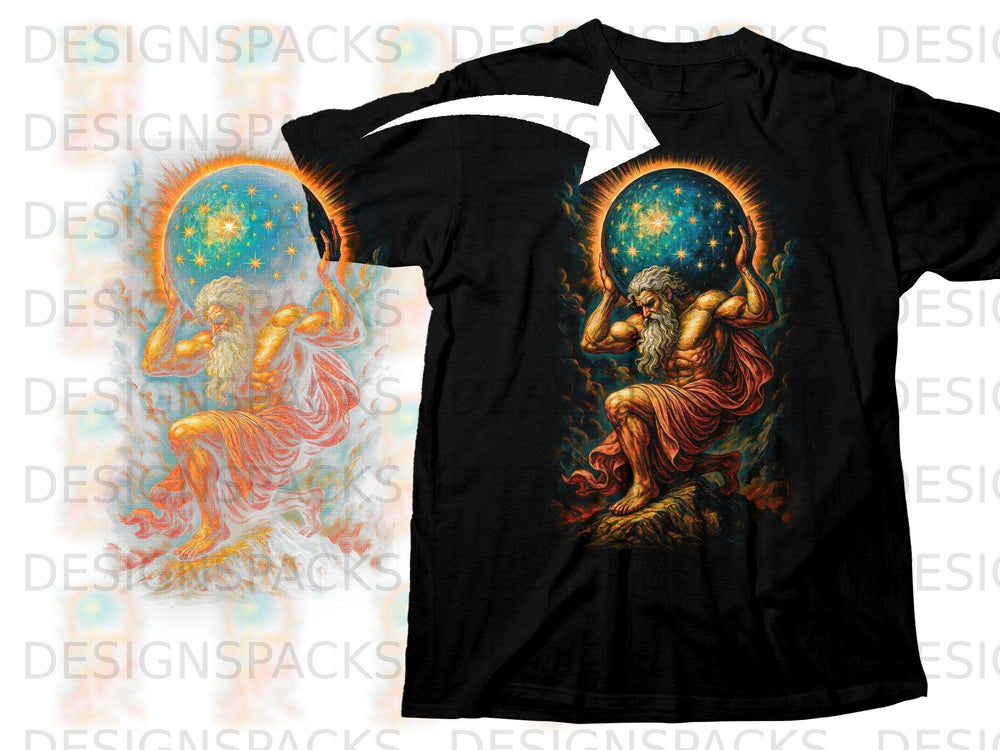 Atlas carrying a glowing celestial sphere on a black t-shirt.