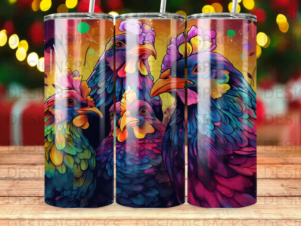 Colorful roosters with vibrant feathers, close-up view, against a bokeh background.