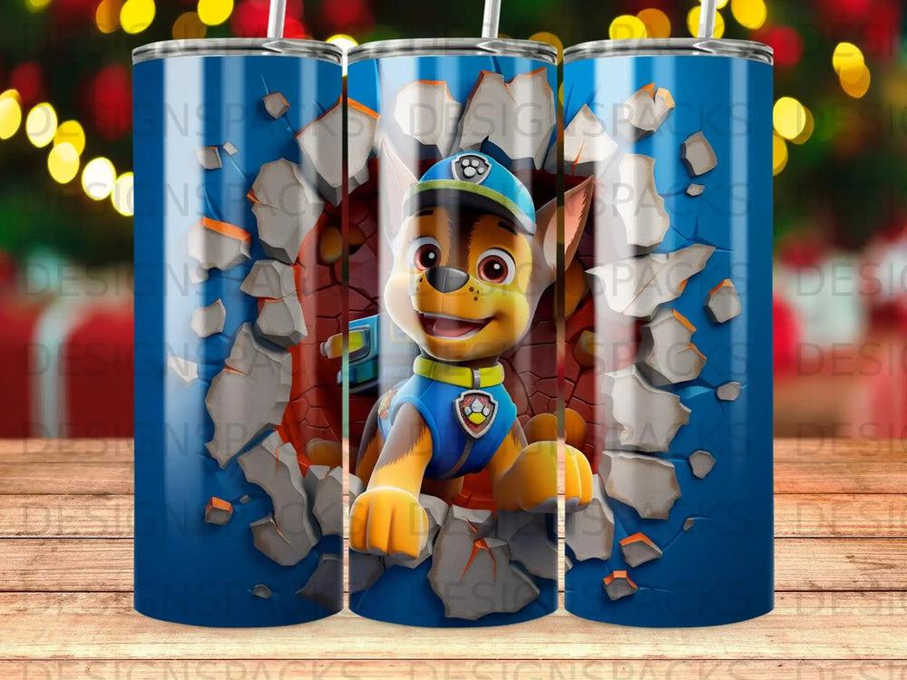 Chase from Paw Patrol bursting through a cracked wall.