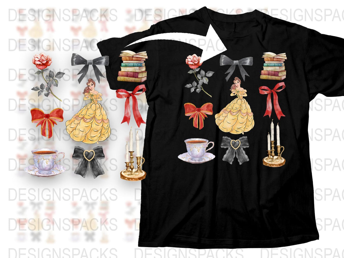 Belle Inspired T-Shirt, Vintage Teacup and Candle Design, Fantasy Princess Graphic Tee, Floral Accents