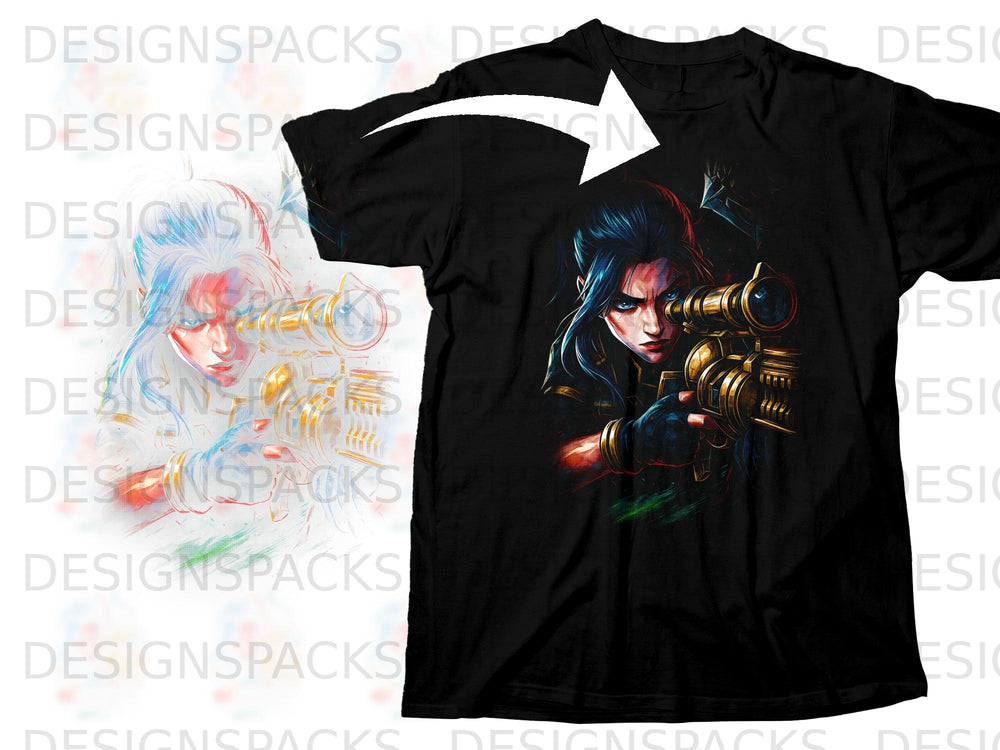 Black t-shirt featuring a detailed graphic of a woman aiming a golden rifle.