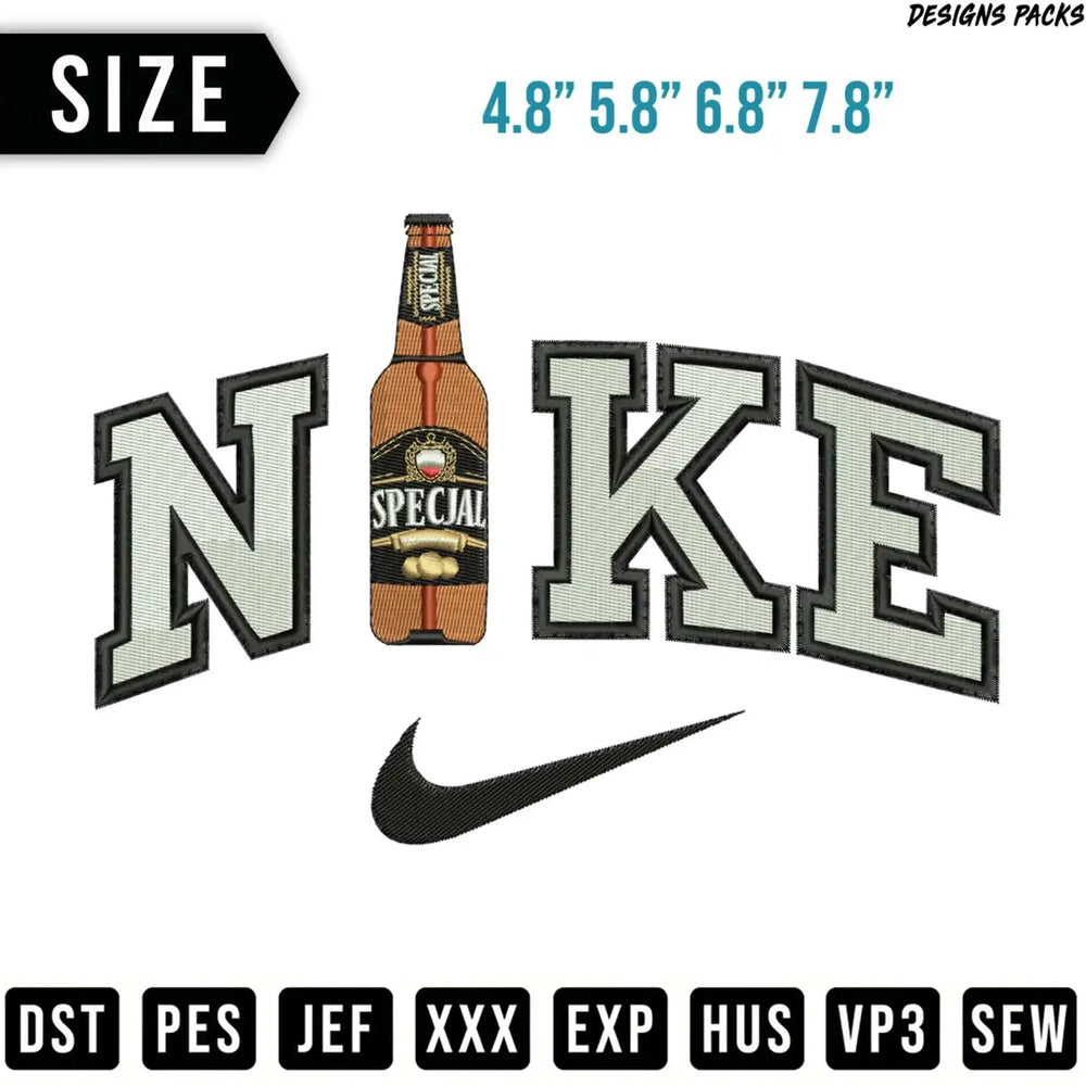 Nike logo with "Special" text above beer bottle, available in multiple sizes.