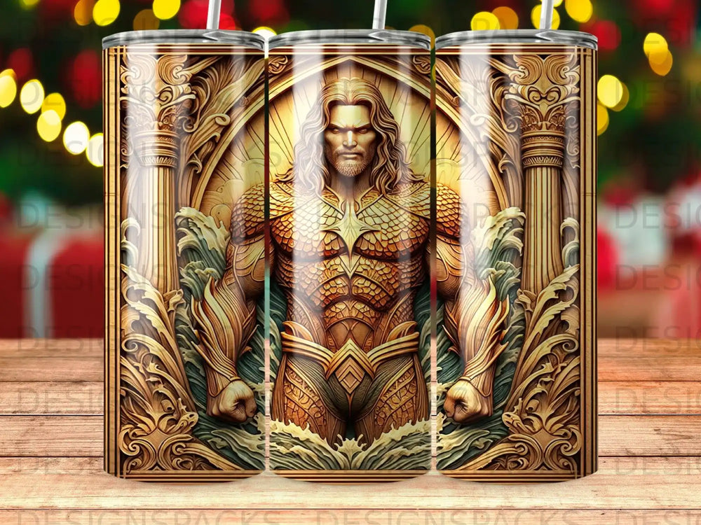 Aquaman in golden armor against ornate, water-themed backdrop.