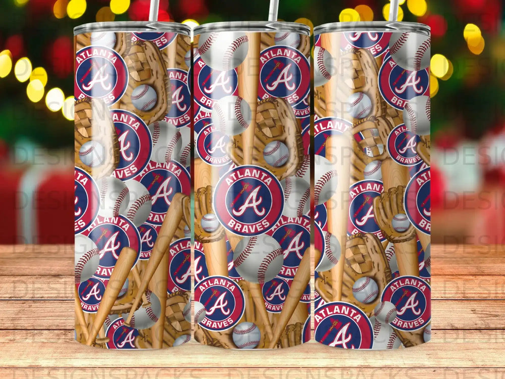 Atlanta Braves baseball tumbler with logos, baseballs, and gloves.
