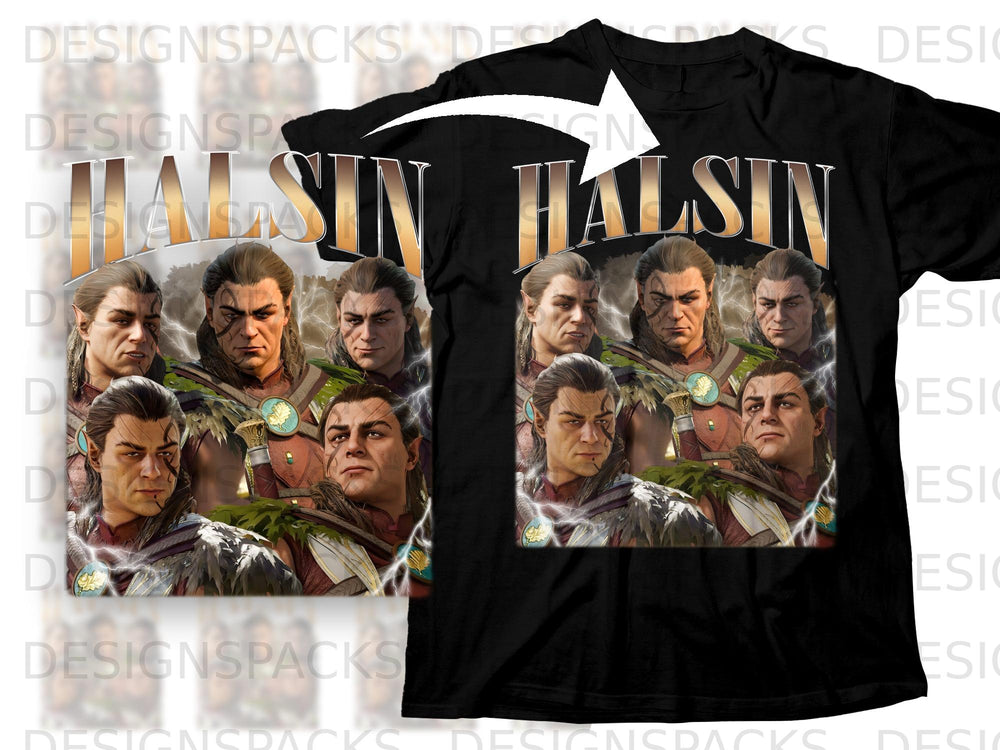Black t-shirt with "HALSIN" text and a collage of four male fantasy characters.