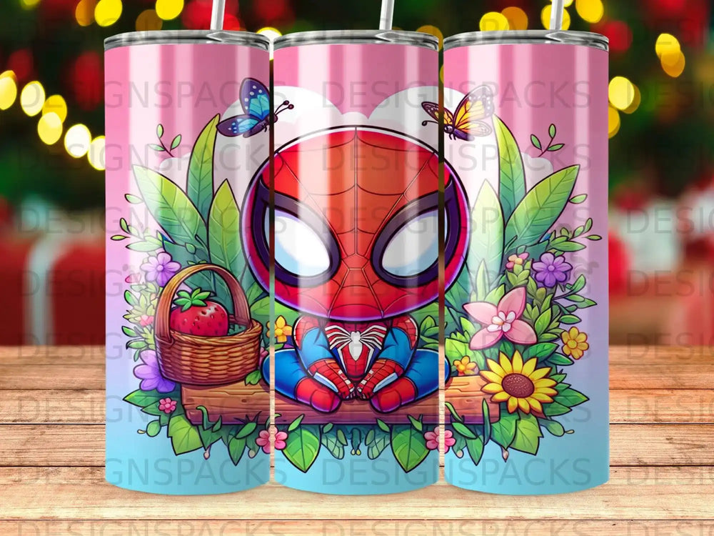 Chibi Spider-Man sits on a log with a basket of strawberries and flowers.