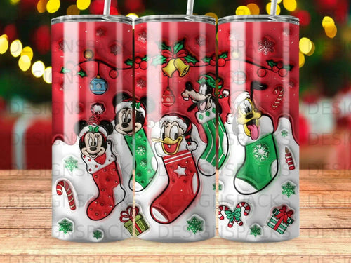 Mickey, Minnie, and Goofy in Christmas stockings with candy canes and holly.