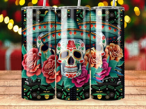 Sugar skull and roses tumbler design with sombrero and festive lights.