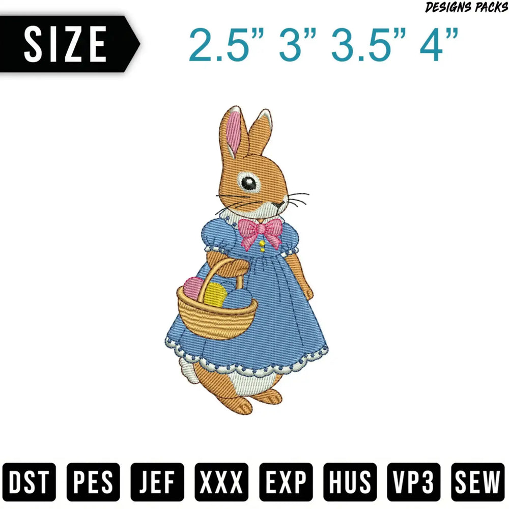 Embroidered bunny in blue dress carrying a basket, with size and file format details.