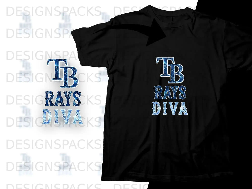 Black t-shirt with "TB Rays Diva" text and glittery logo.