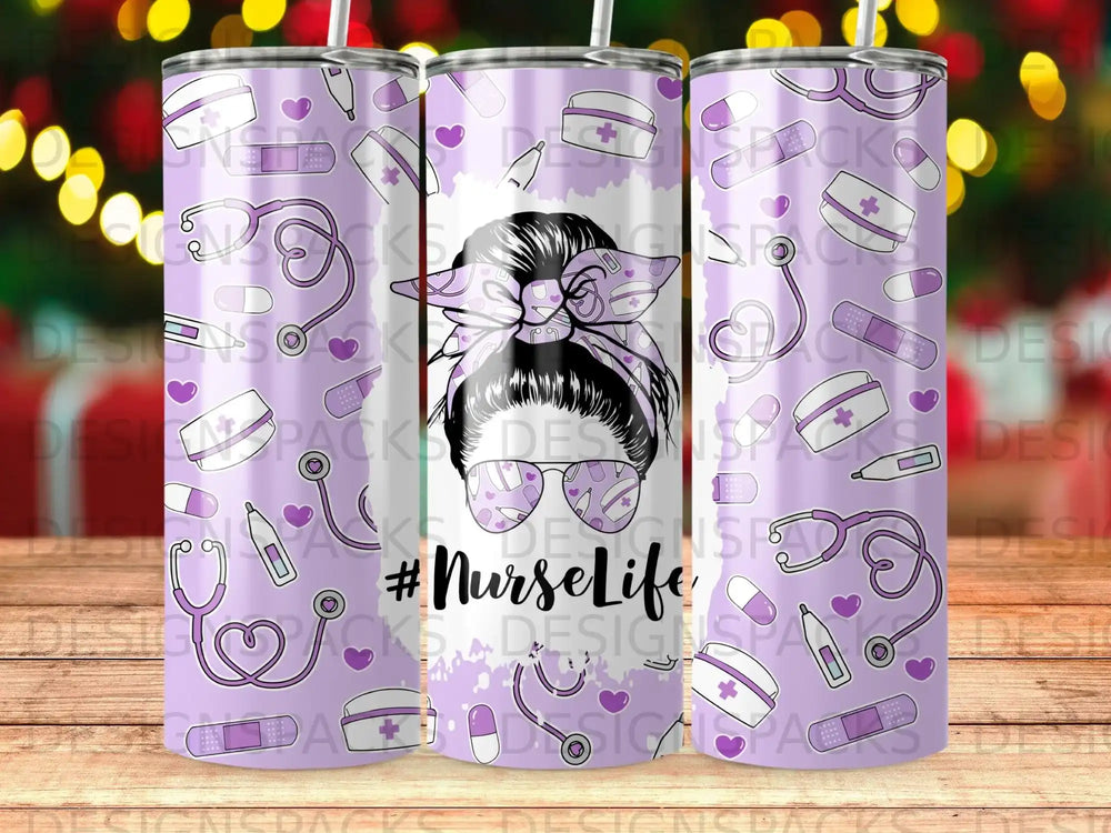 Purple tumbler with #NurseLife design featuring stethoscopes, bandages, and a messy bun.